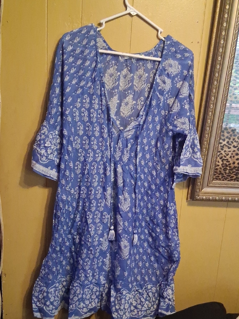 Blue Floral V-Neck Tunic Dress with Tassel Tie